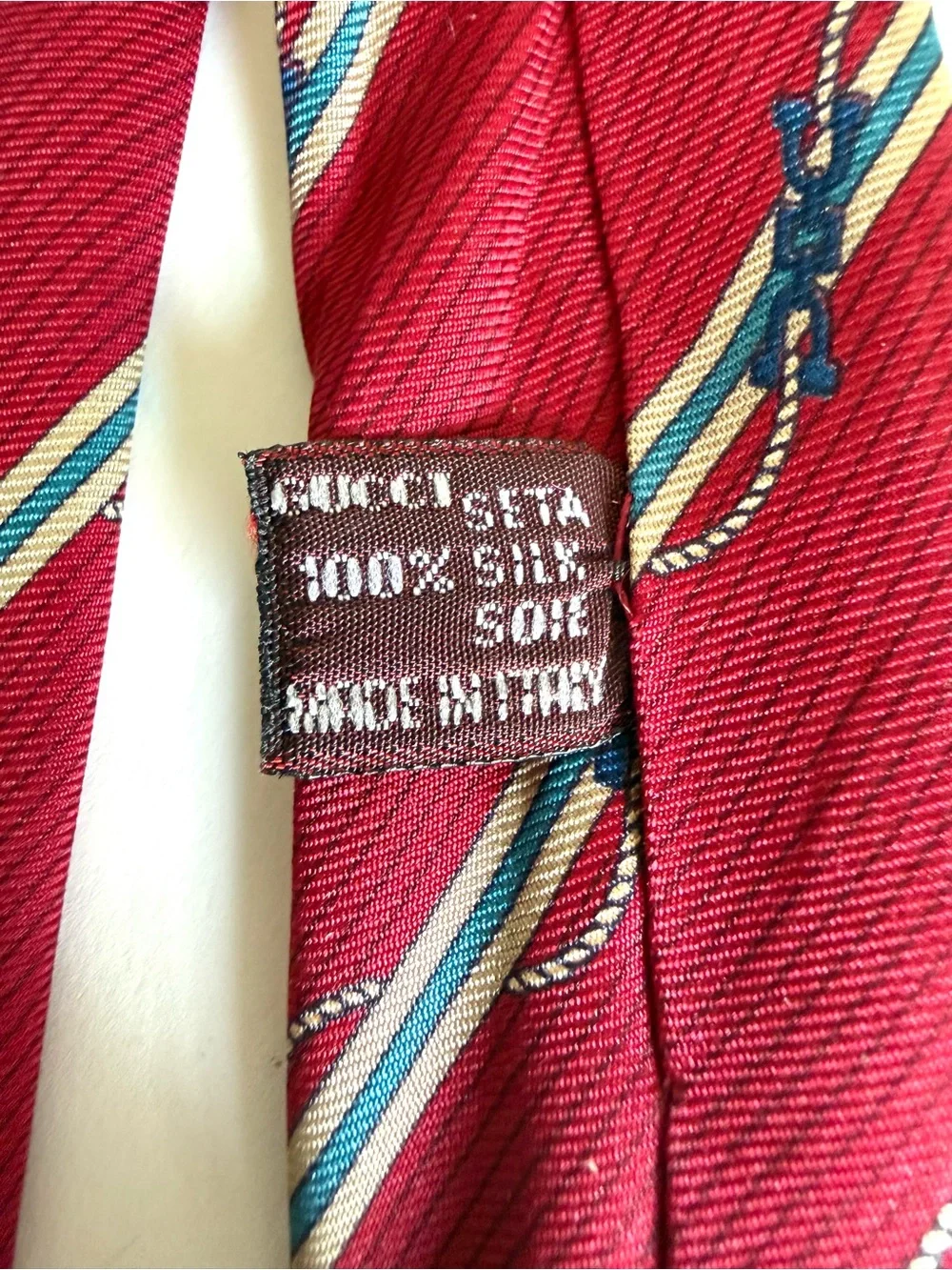 GUCCI Vintage Silk Tie Red Diagonal Stripe Nautical Rope Interlocking GG 80s
